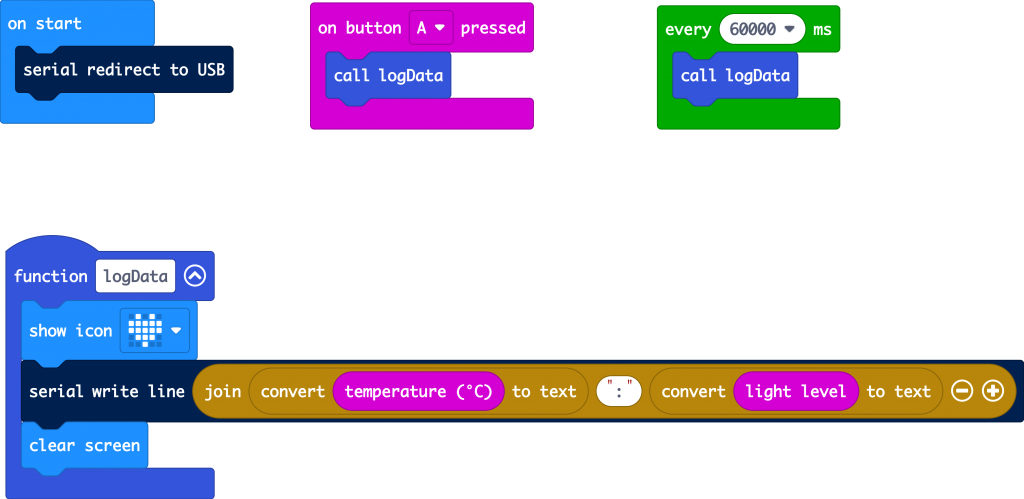 microbit-serial-logger-1-line MakeCode blocks