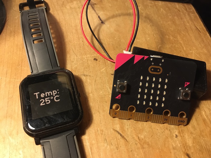 BangleJS2 watch receiving temperature data by radio from BBC micro:bit
