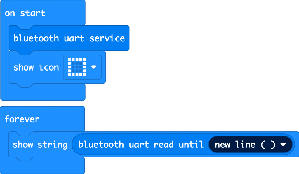 MakeCode blocks to show text received by Bluetooth on a micro:bit
