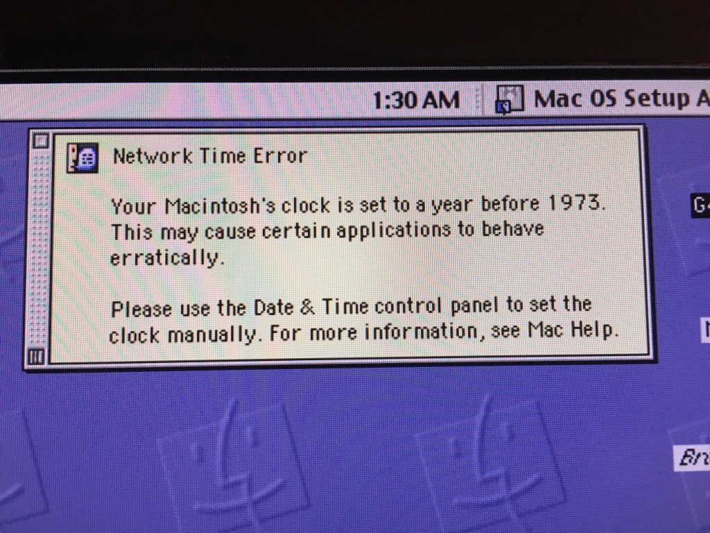 Mac OS 9 error message that the clock is set to a date before 1973