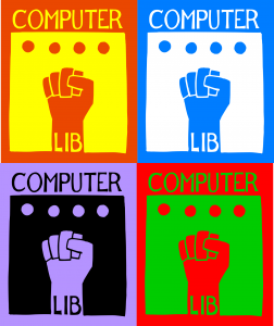 Coloured version of the cover art of Computer Lib - a fist over a punched card. Looks like an agitprop poster,